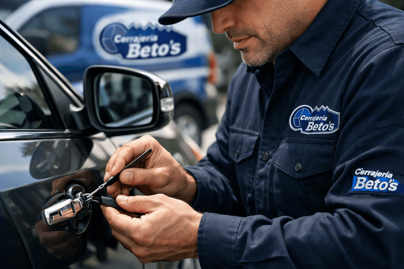 Técnico cerrajero trabajando en vehículo en Cali